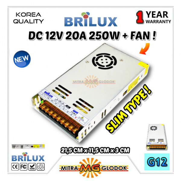 Power Supply Trafo Brilux DC 12V 20A | 250W + FAN (Korea Quality)